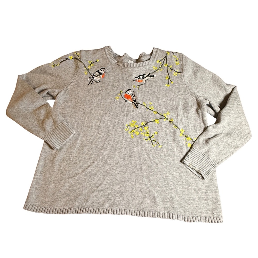 Cabi Songbird Pullover Sweater Women L Gray Bird Embroidered Cotton Blend Knit